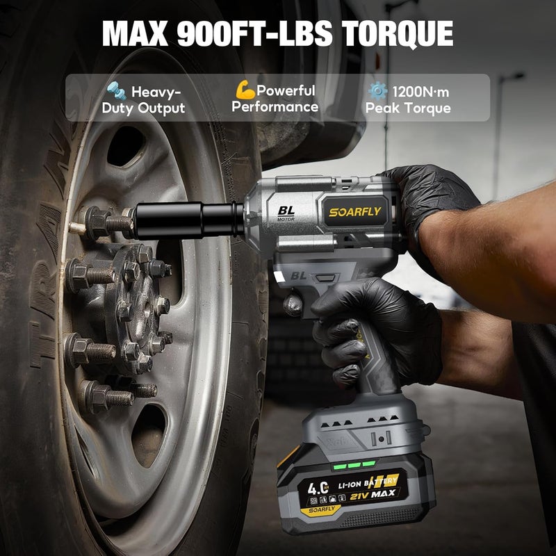 SOARFLY Upgraded Cordless Impact Wrench 1/2", 900 Ft-lbs (1200 Nm) Brushless Impact Gun, 21V High Torque Impact Driver with 2x 4.0Ah Batteries, Variable Speed for Car, Truck, Workshop, Heavy-Duty Jobs - Image 3